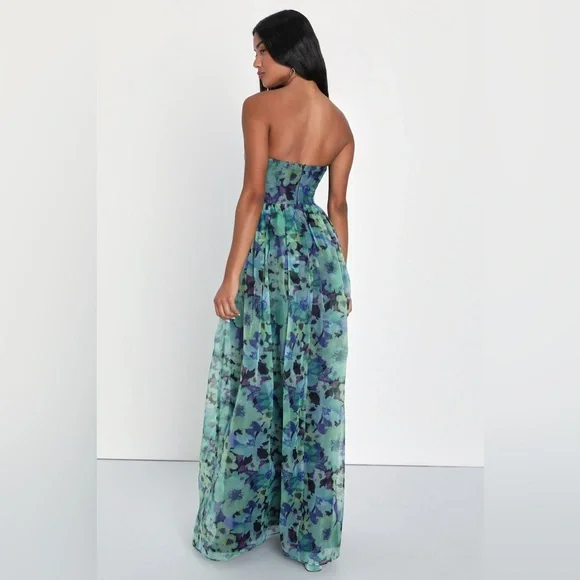 Lulus Wonderful Waltz Green Floral Print Strapless Bustier Maxi Dress Sz Lg NWT - Picture 2 of 11